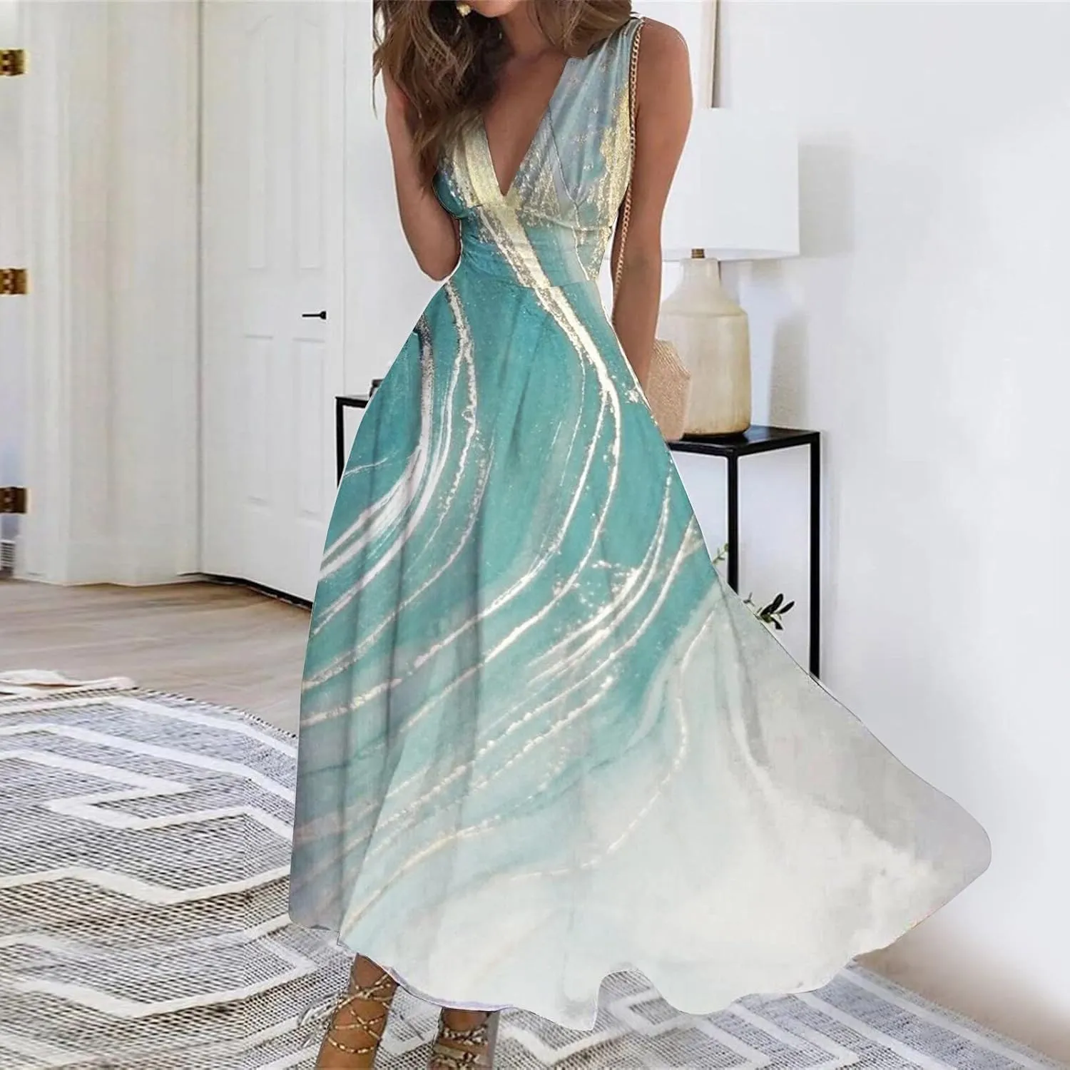Dresses for Women 2025 Spring Summer Elegant Wrap V Neck Sleeveless Maxi Dress,Trendy Marble Print Flowy Beach Dress