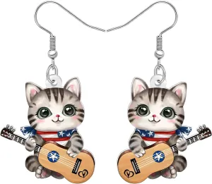 DUOWEI Acrylic Cute 4th of July Patriotic Cat Earrings Funny American Flag Scarf Guitar Dangle Earrings Independence Day Jewelry Cat Gifts for Women Mom Music Pets Lovers
