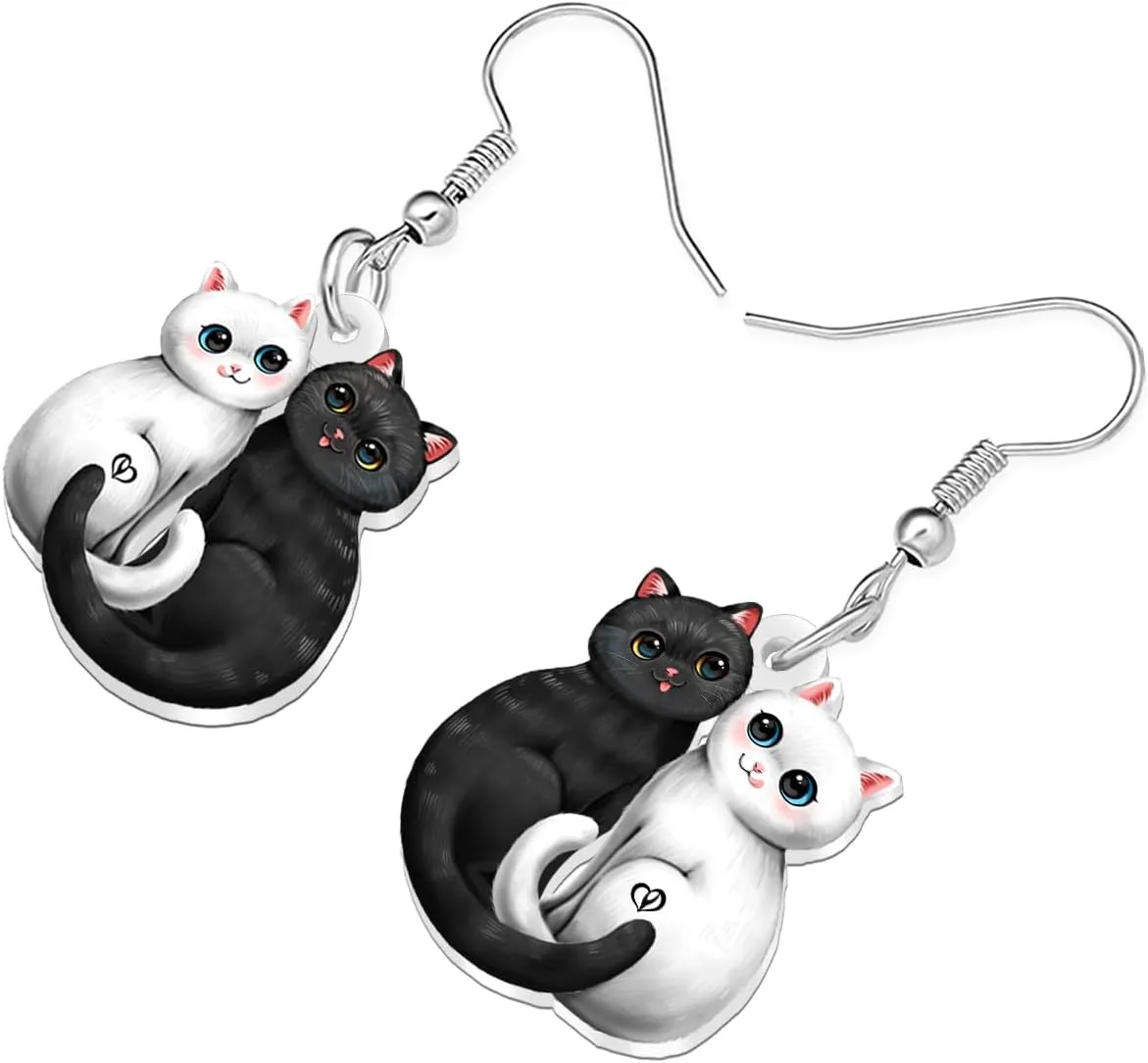 DUOWEI Acrylic Cute Couple Cat Earrings Dangle Cartoon Black and White Kitten Earrings Dangling Lightweight Jewelry Gifts Ideas for Women Mom Pets Lovers Sisters Gifts from Sister
