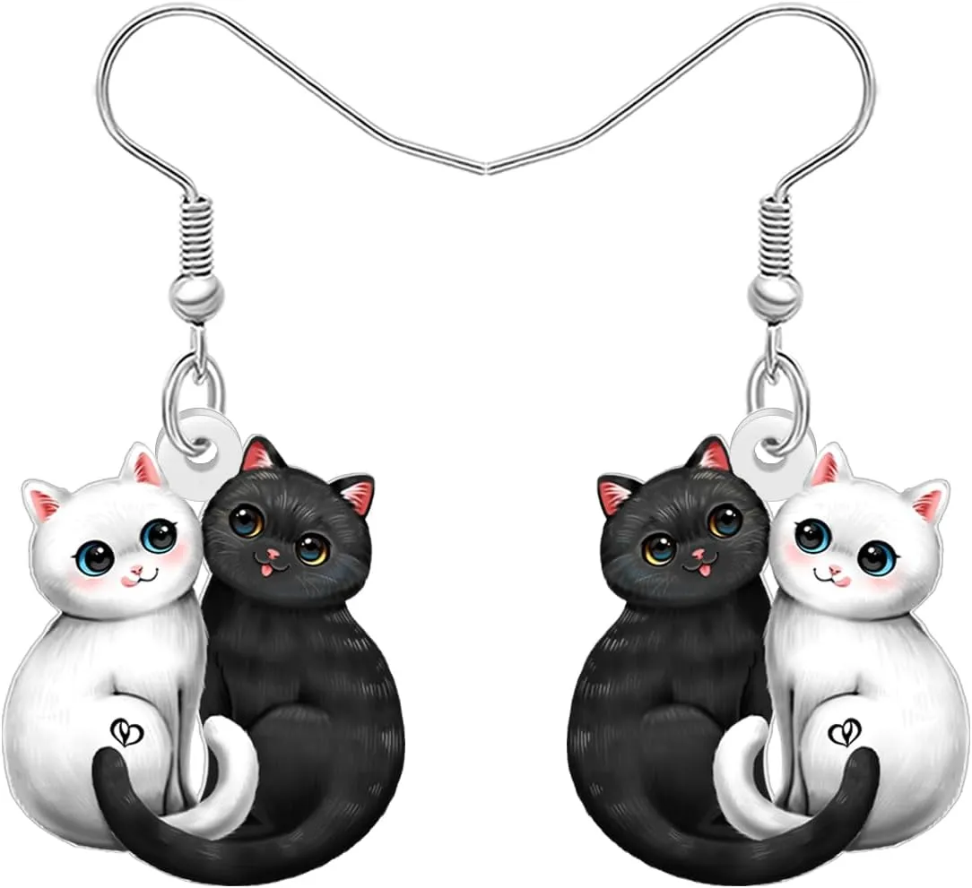 DUOWEI Acrylic Cute Couple Cat Earrings Dangle Cartoon Black and White Kitten Earrings Dangling Lightweight Jewelry Gifts Ideas for Women Mom Pets Lovers Sisters Gifts from Sister
