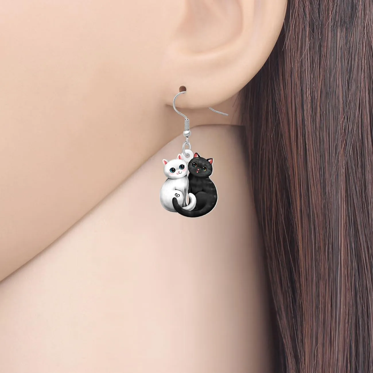 DUOWEI Acrylic Cute Couple Cat Earrings Dangle Cartoon Black and White Kitten Earrings Dangling Lightweight Jewelry Gifts Ideas for Women Mom Pets Lovers Sisters Gifts from Sister