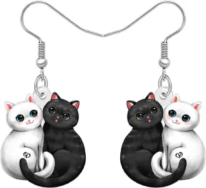 DUOWEI Acrylic Cute Couple Cat Earrings Dangle Cartoon Black and White Kitten Earrings Dangling Lightweight Jewelry Gifts Ideas for Women Mom Pets Lovers Sisters Gifts from Sister