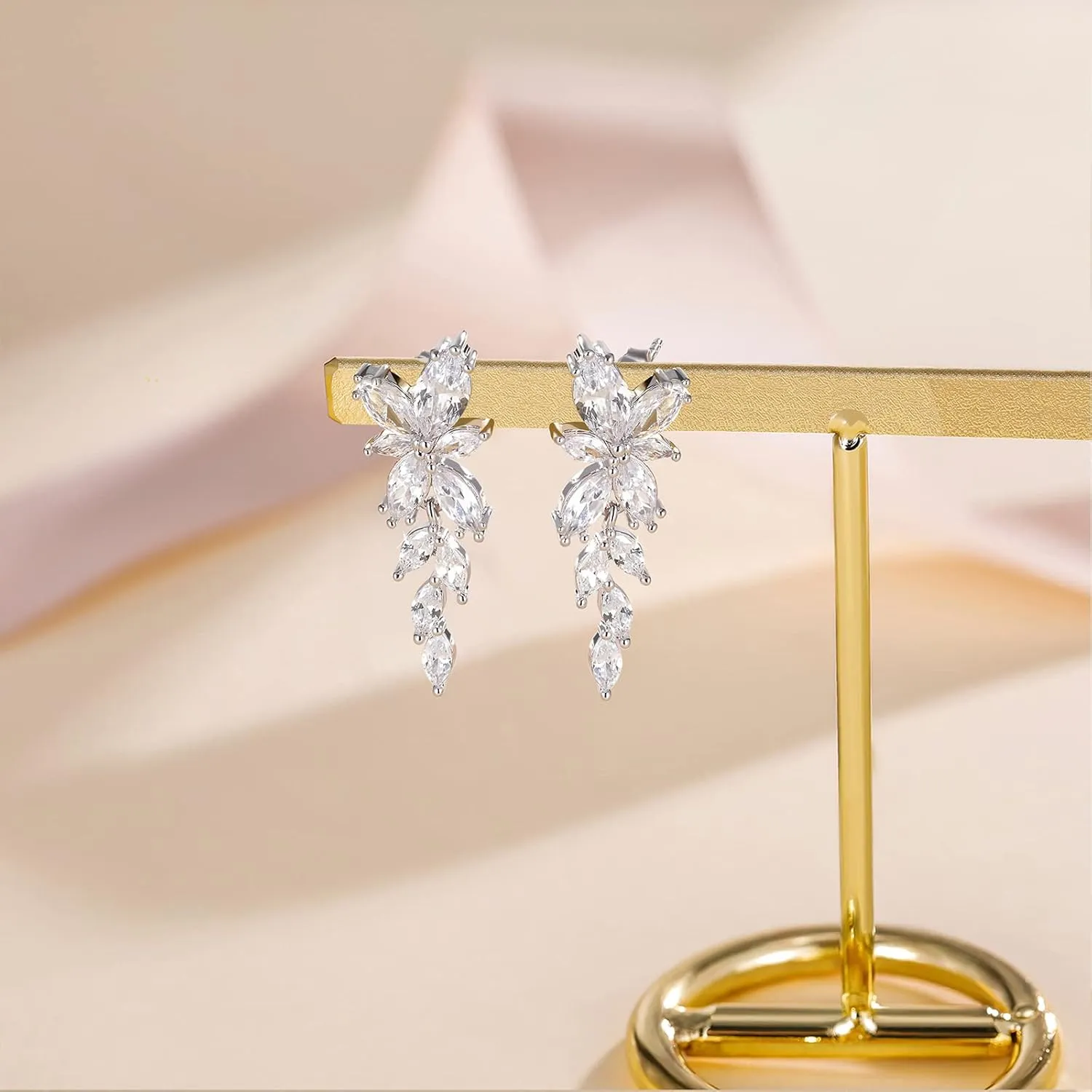 EAMTI Silver Dangle Earrings for Women Cubic Zirconia Marquise Bridal Wedding Earrings 925 Sterling Silver Post Engagement Earring