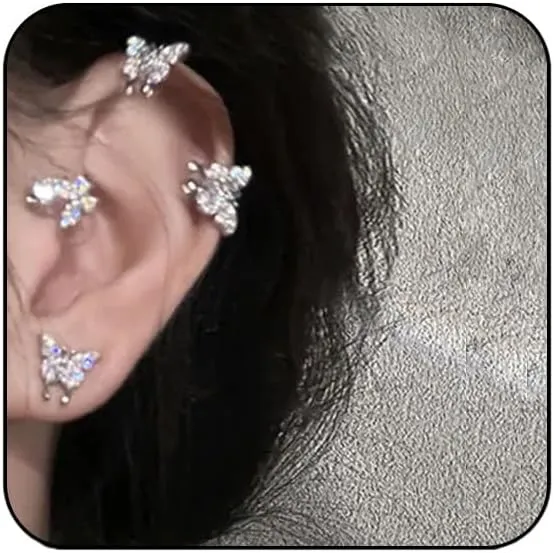 Ear Cuff Earrings for Women Cubic Zirconia Hoop Huggie Ear Cuffs for Women Non Piercing (D-Butterfly)