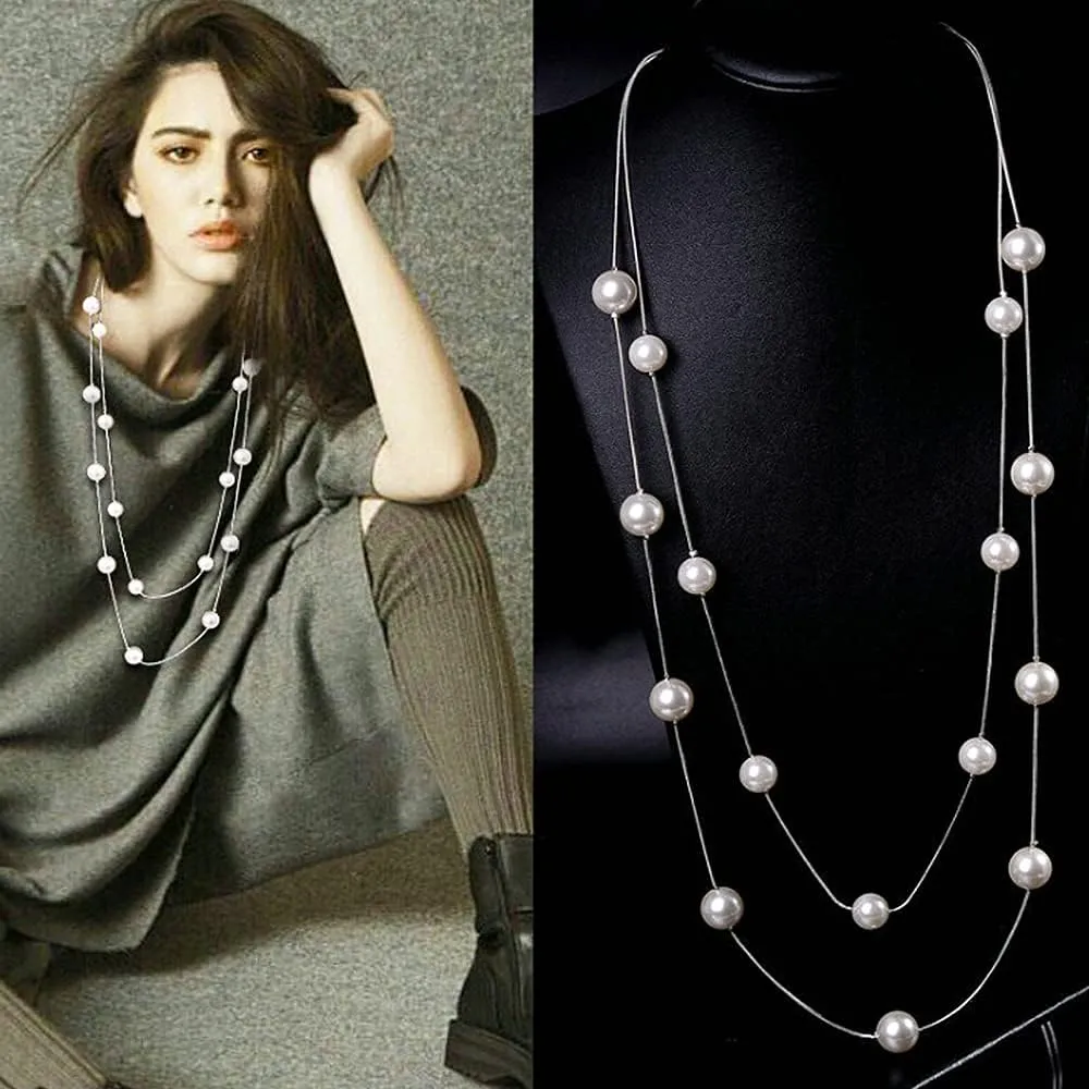 Fashion Simulated Pearl Layered Sweater Long Necklaces Bohemia Chic Statement Necklace for Women Jewelry Gift Gold Silver Tone