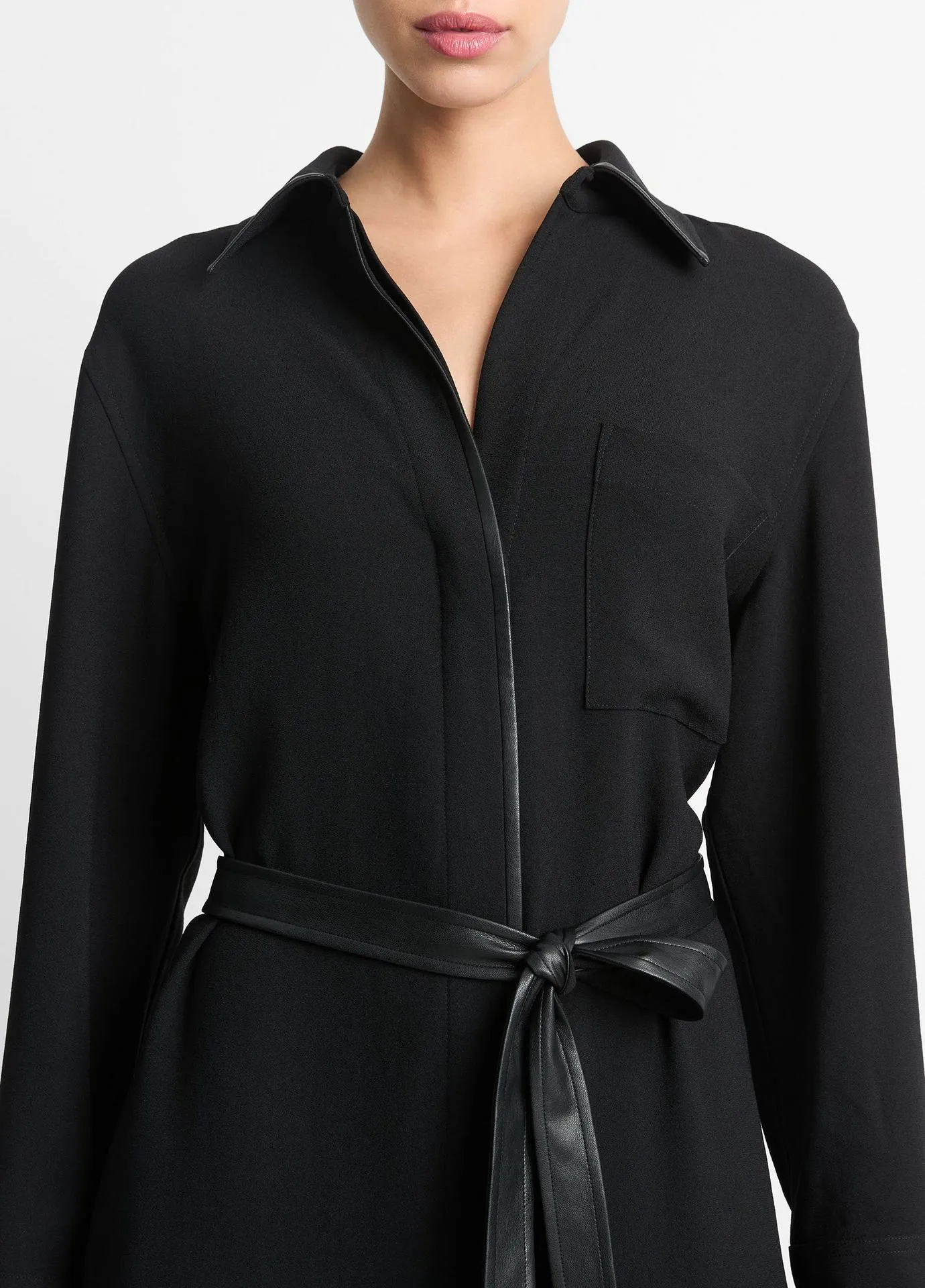 Faux-Leather-Trim Shirt Dress