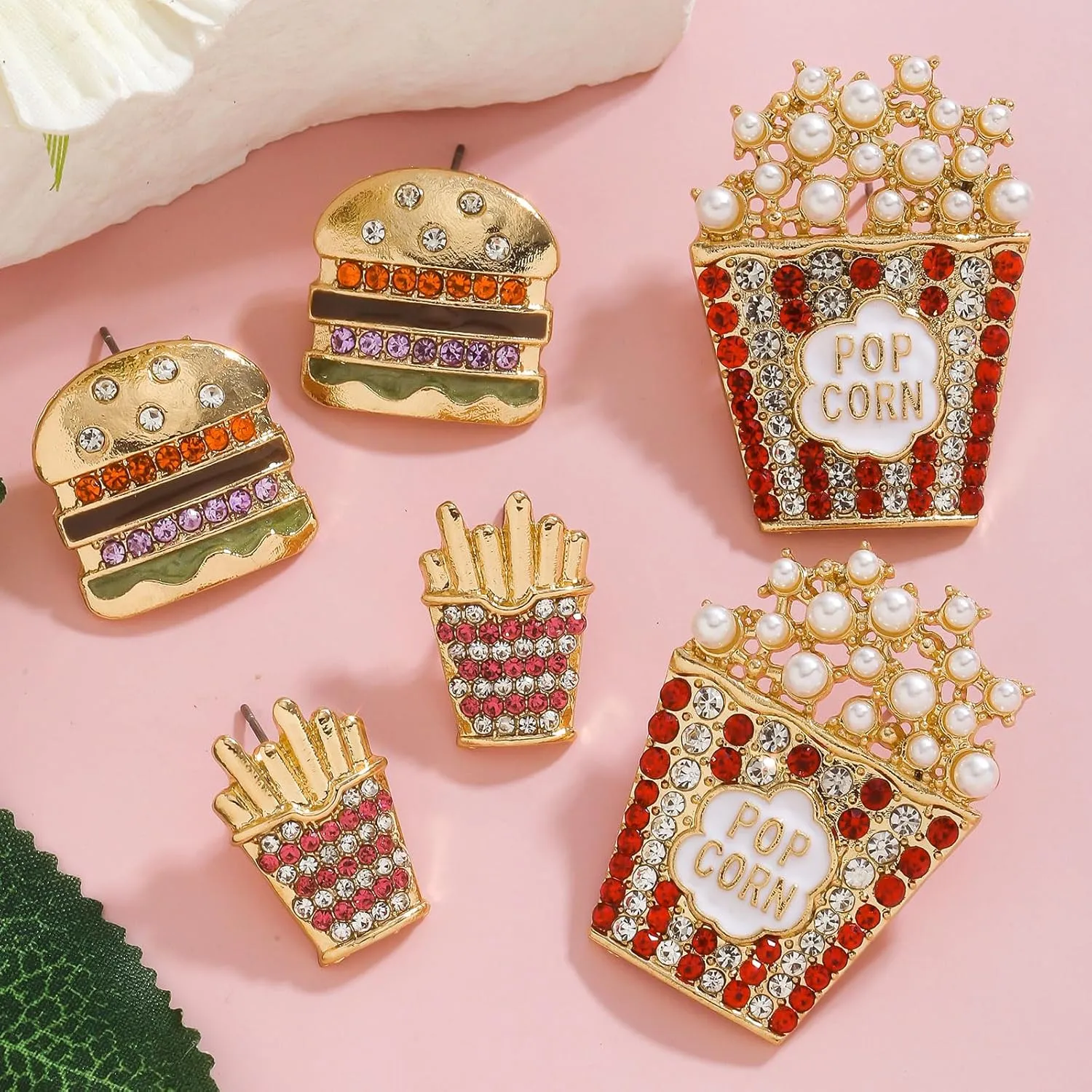 Food Drink Stud Earrings Set for Women, Cute Food-themed Statement Earring Studs with Rhinestone, Fashion Summer Fun Jewelry Gifts