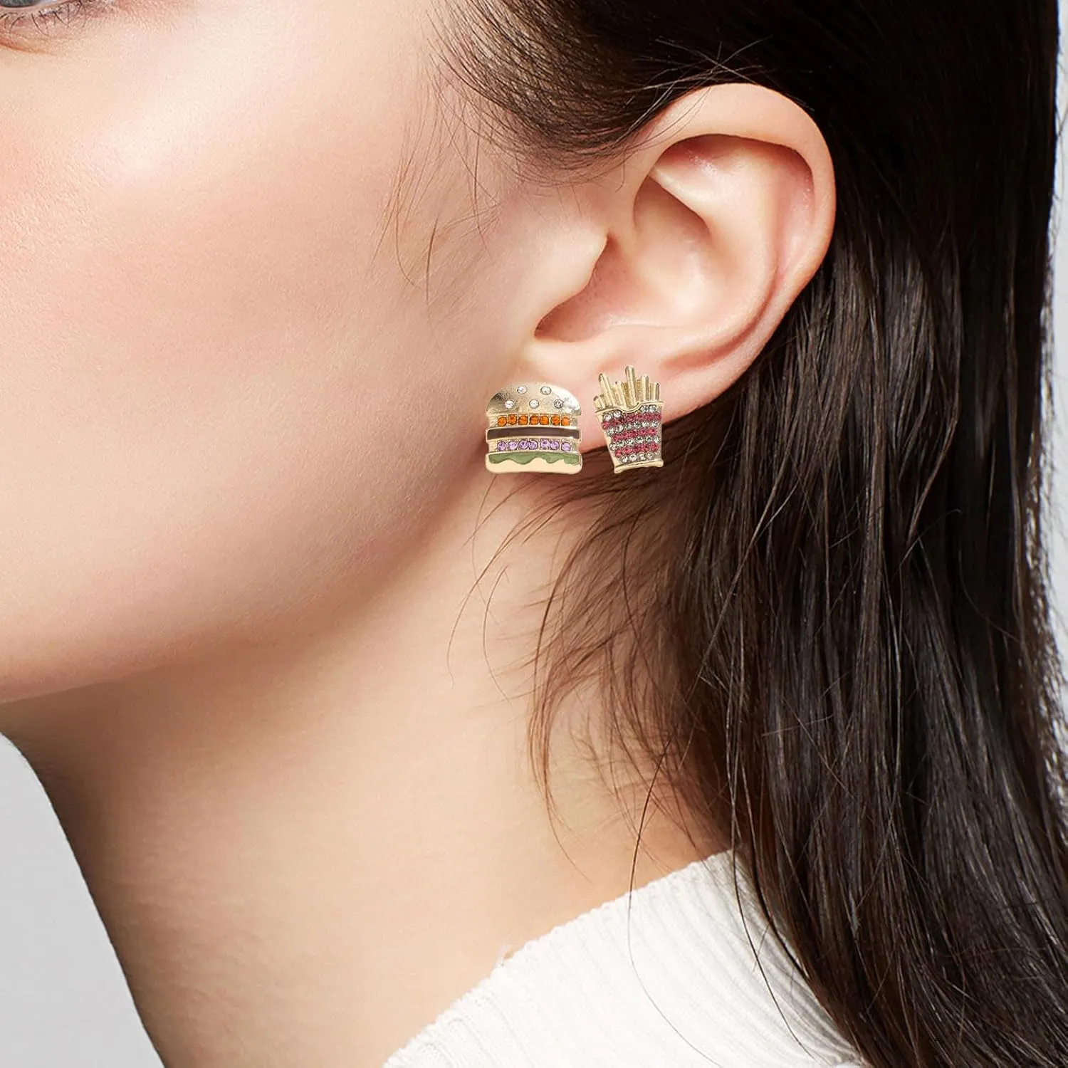 Food Drink Stud Earrings Set for Women, Cute Food-themed Statement Earring Studs with Rhinestone, Fashion Summer Fun Jewelry Gifts