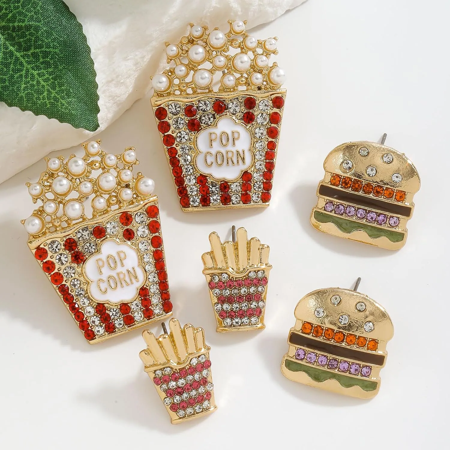 Food Drink Stud Earrings Set for Women, Cute Food-themed Statement Earring Studs with Rhinestone, Fashion Summer Fun Jewelry Gifts