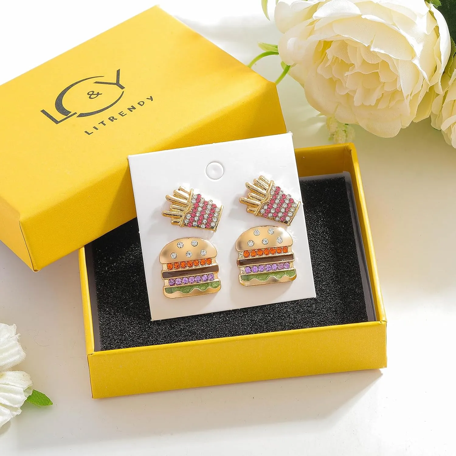 Food Drink Stud Earrings Set for Women, Cute Food-themed Statement Earring Studs with Rhinestone, Fashion Summer Fun Jewelry Gifts
