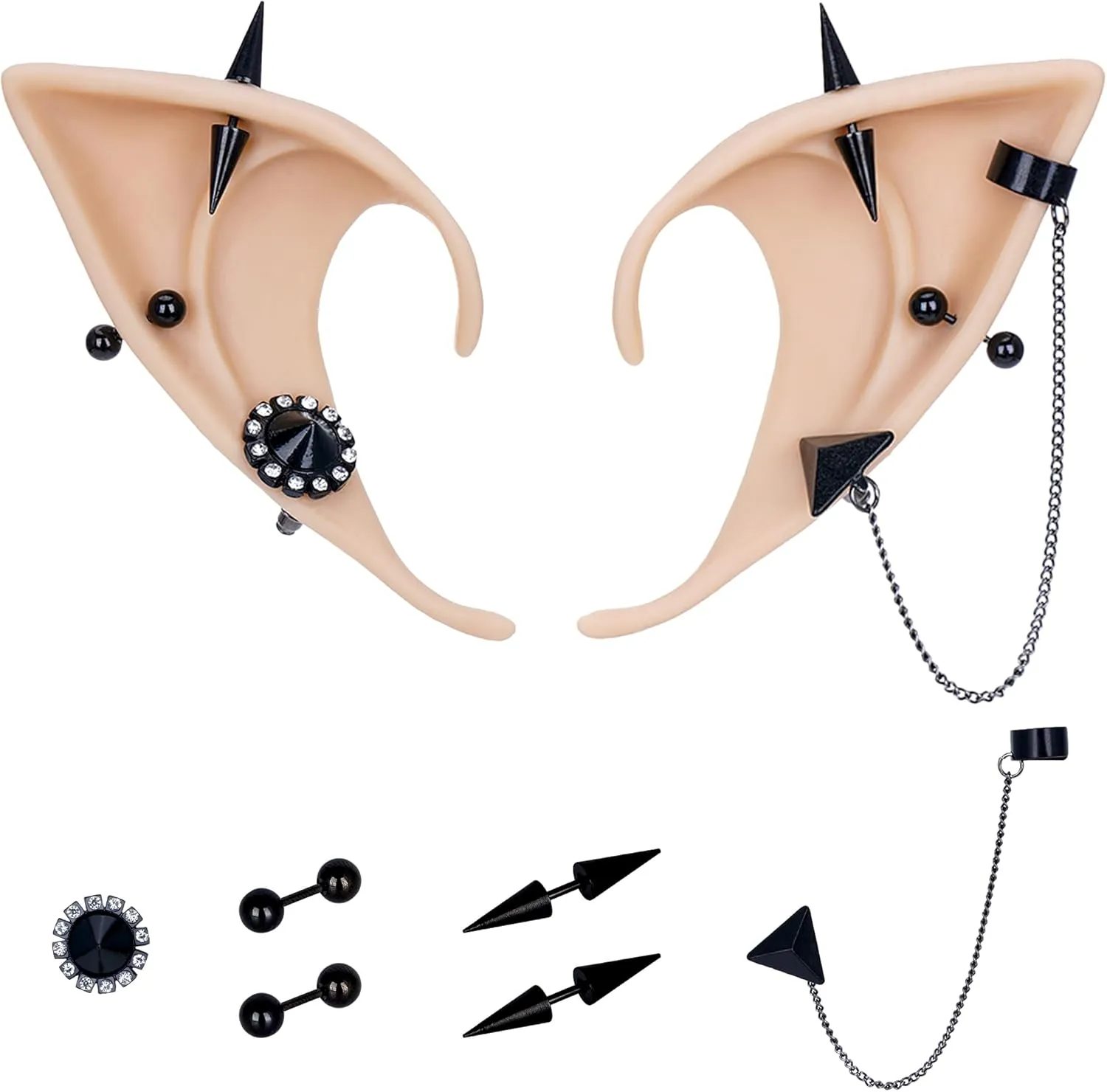 FRESHME Gothic Elf Ears with Sliver Piercings Set, Renaissance Fairy Ear Cuffs with Skull Earrings