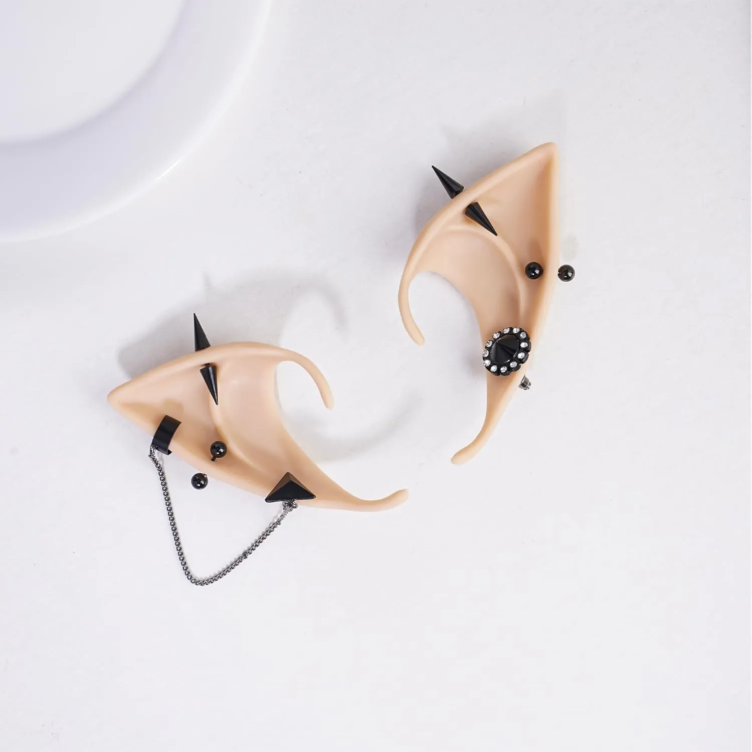FRESHME Gothic Elf Ears with Sliver Piercings Set, Renaissance Fairy Ear Cuffs with Skull Earrings