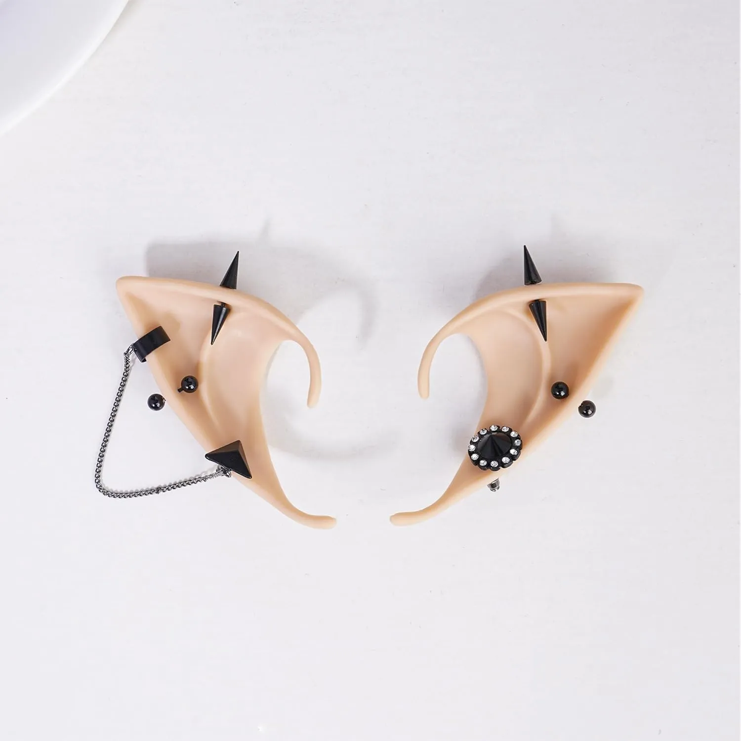 FRESHME Gothic Elf Ears with Sliver Piercings Set, Renaissance Fairy Ear Cuffs with Skull Earrings