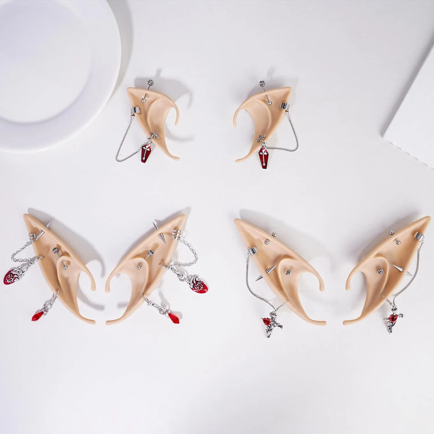 FRESHME Gothic Elf Ears with Sliver Piercings Set, Renaissance Fairy Ear Cuffs with Skull Earrings