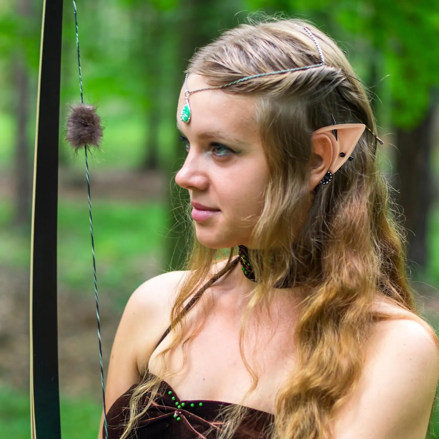 FRESHME Gothic Elf Ears with Sliver Piercings Set, Renaissance Fairy Ear Cuffs with Skull Earrings