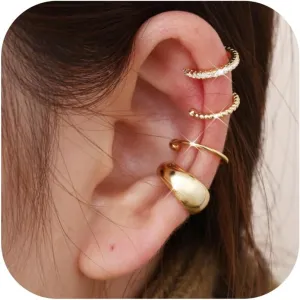 FUNRUN JEWELRY Ear Cuff Earrings for Women Non Piercing 14K Gold Plated Ear Cuffs Non Pierced Adjustable Fake Earrings 3-4PCS