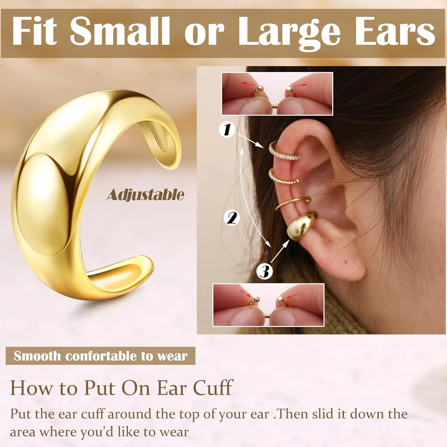 FUNRUN JEWELRY Ear Cuff Earrings for Women Non Piercing 14K Gold Plated Ear Cuffs Non Pierced Adjustable Fake Earrings 3-4PCS