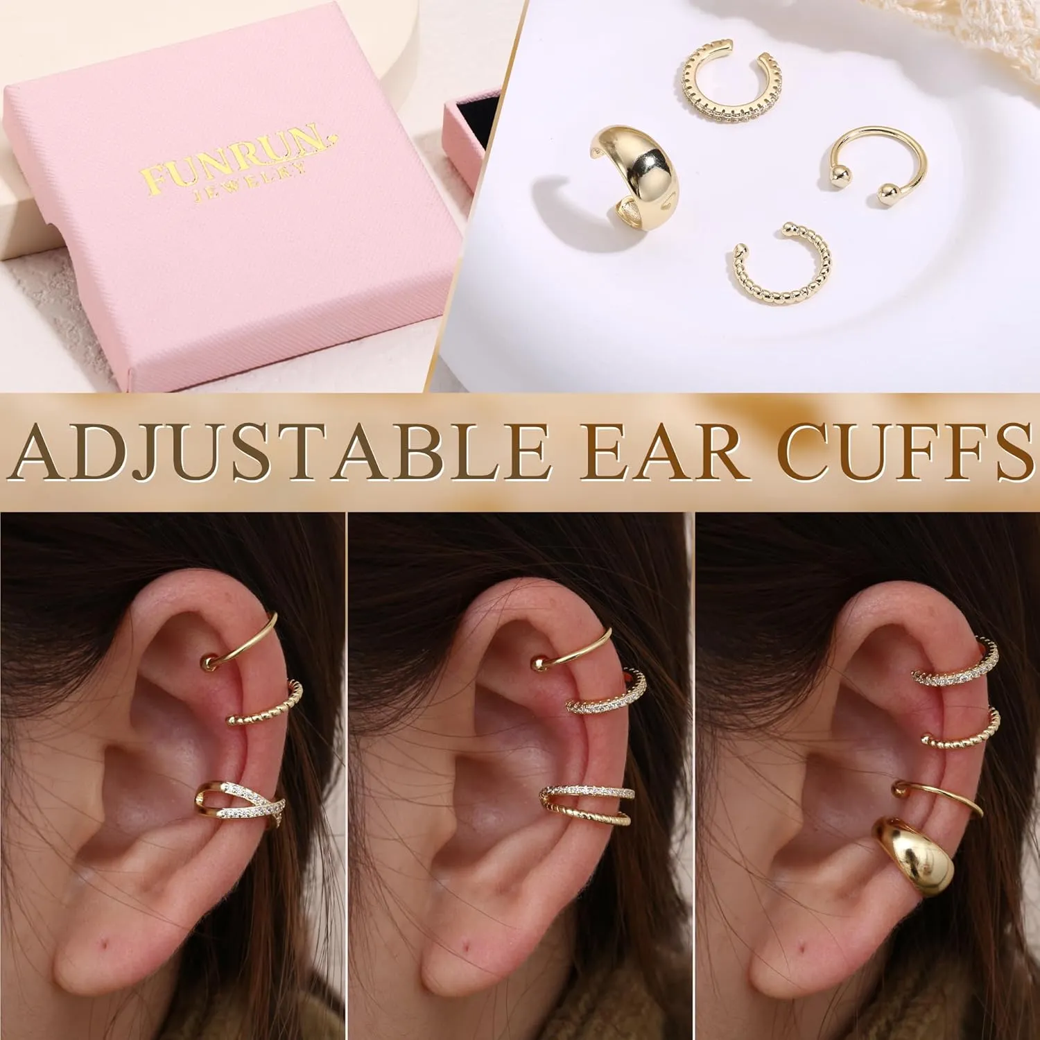 FUNRUN JEWELRY Ear Cuff Earrings for Women Non Piercing 14K Gold Plated Ear Cuffs Non Pierced Adjustable Fake Earrings 3-4PCS