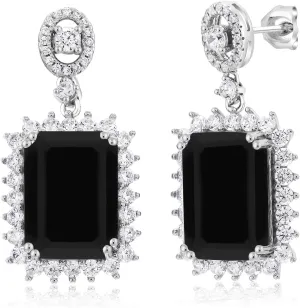 Gem Stone King 10.60 Cttw Black Onyx Dangle Earrings For Women | 925 Sterling Silver | Gemstone December Birthstone | Emerald Cut 14X10MM