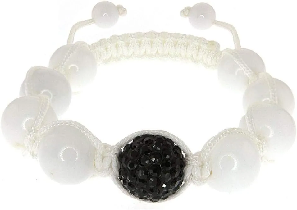 Gem Stone King 10MM Black Crystal Micro Pave and White Balls Adjustable Bracelet For Women