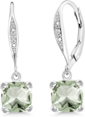 Gem Stone King 7MM Cushion Cut Gemstone Birthstone and White Diamond Drop Dangle Earrings For Women | 925 Sterling Silver | Fine Jewelry Gifts for Her Mom Women Wife