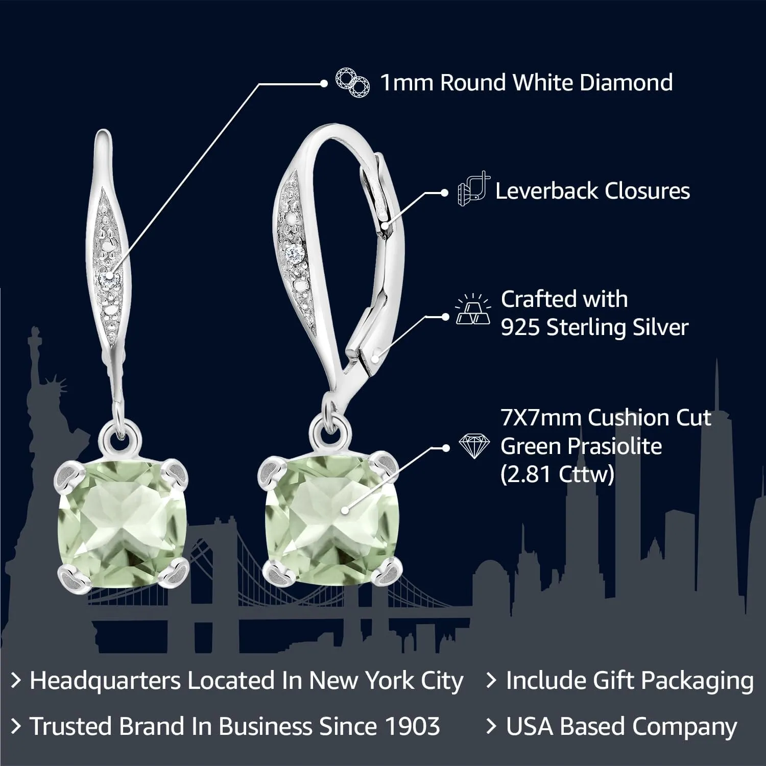 Gem Stone King 7MM Cushion Cut Gemstone Birthstone and White Diamond Drop Dangle Earrings For Women | 925 Sterling Silver | Fine Jewelry Gifts for Her Mom Women Wife