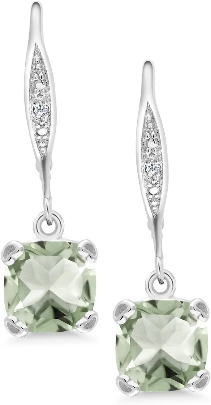 Gem Stone King 7MM Cushion Cut Gemstone Birthstone and White Diamond Drop Dangle Earrings For Women | 925 Sterling Silver | Fine Jewelry Gifts for Her Mom Women Wife