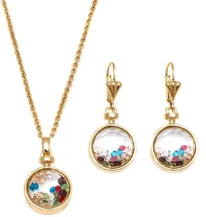 Gem Stone King Gold Plated Brass Multi Color Floating Crystals Round Drop Pendant and Earrings Jewelry Set