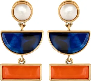 Geometric Earrings for Women, Blue Enamel Half-Circle and Orange Square Earrings with Pearl Stud - Modern Chic Statement Earrings