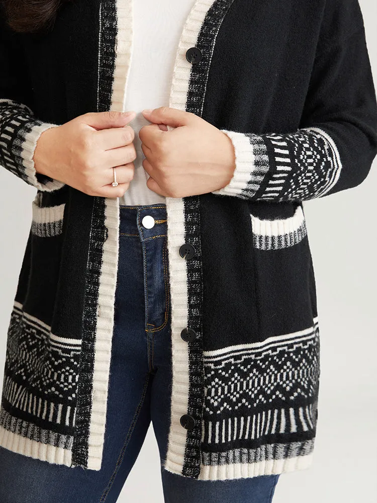 Geometric Jacquard Contrast Pocket Cardigan