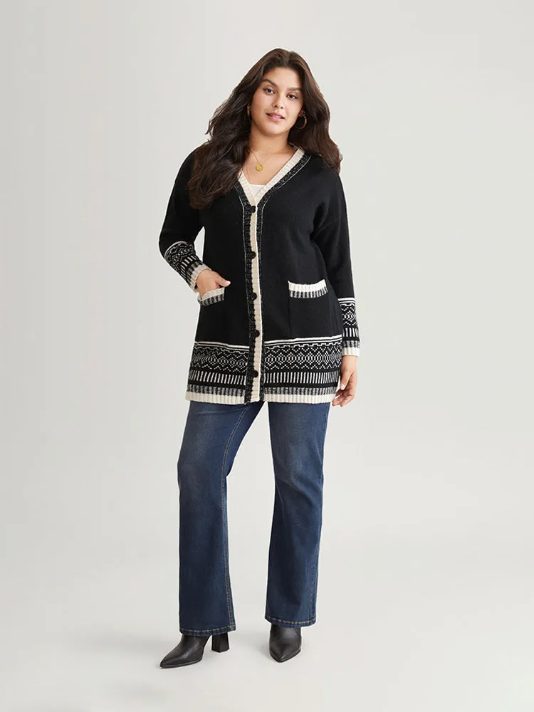 Geometric Jacquard Contrast Pocket Cardigan