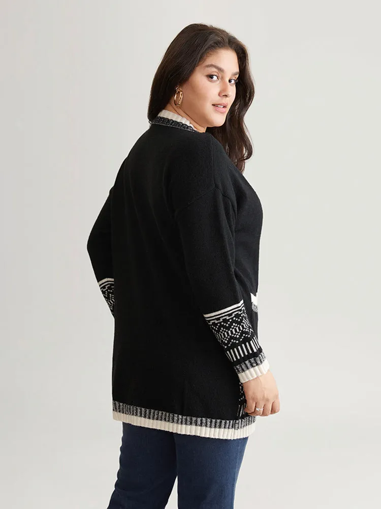 Geometric Jacquard Contrast Pocket Cardigan