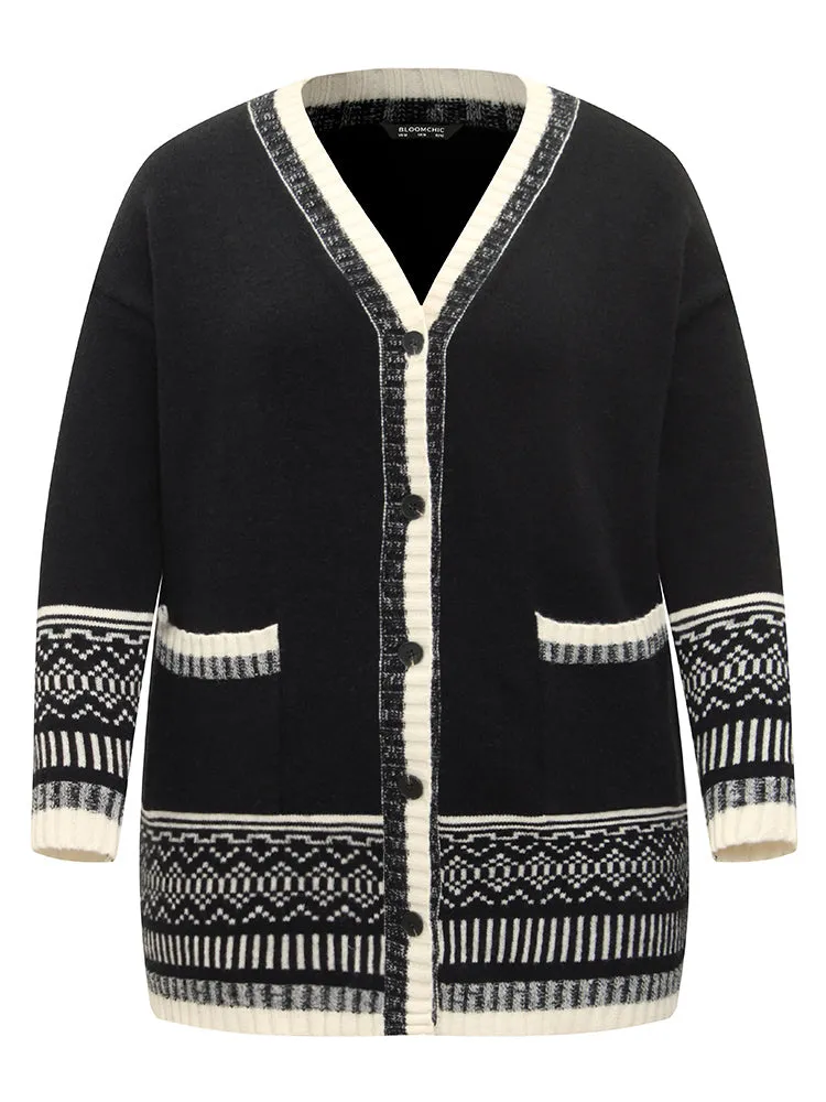 Geometric Jacquard Contrast Pocket Cardigan