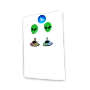 Glow in the Dark Alien Head and Holographic Spaceship Post Earrings, Cute Festival Accessories, Cool Trippy Studs, Halloween Costume Jewelry