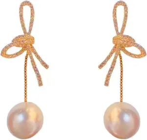 Gold And Pearl Earrings For Women,Bow Earings,Drop Dangle Earring,Dainty Statement,Big Dangly Pearls,Elegant Small Bows,Womens Tie Earing,Dangling Earringspearl,Ribbon Bowearring,Real Dressy Bridal