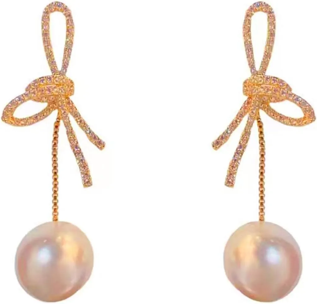 Gold And Pearl Earrings For Women,Bow Earings,Drop Dangle Earring,Dainty Statement,Big Dangly Pearls,Elegant Small Bows,Womens Tie Earing,Dangling Earringspearl,Ribbon Bowearring,Real Dressy Bridal