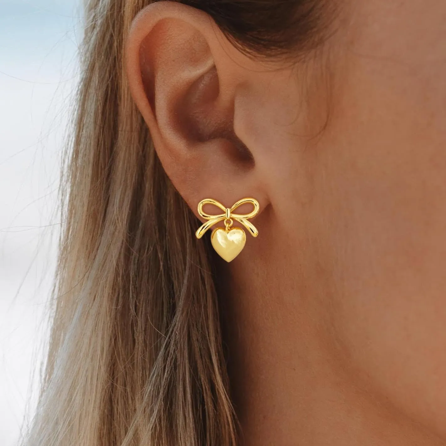 Gold Bow Earrings for Women Trendy, Cute Bow Stud Earring 14k Gold Plated Dainty Ribbon Pearl Bow Drop Dangle Earrings Hypoallergenic Gold Earrings Sparkly Christmas Earrings for Women Jewelry Gift