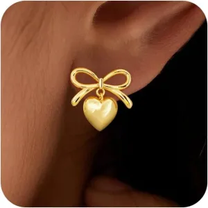 Gold Bow Earrings for Women Trendy, Cute Bow Stud Earring 14k Gold Plated Dainty Ribbon Pearl Bow Drop Dangle Earrings Hypoallergenic Gold Earrings Sparkly Christmas Earrings for Women Jewelry Gift