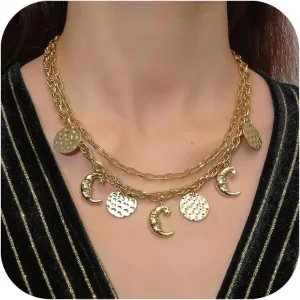 Gold Charm Necklace for Women 14k Gold Dainty Chunky Chain Evil Eye Moon Pearl Beads Shell Charm Necklace Summer Beach Seashell Jewelry for Women