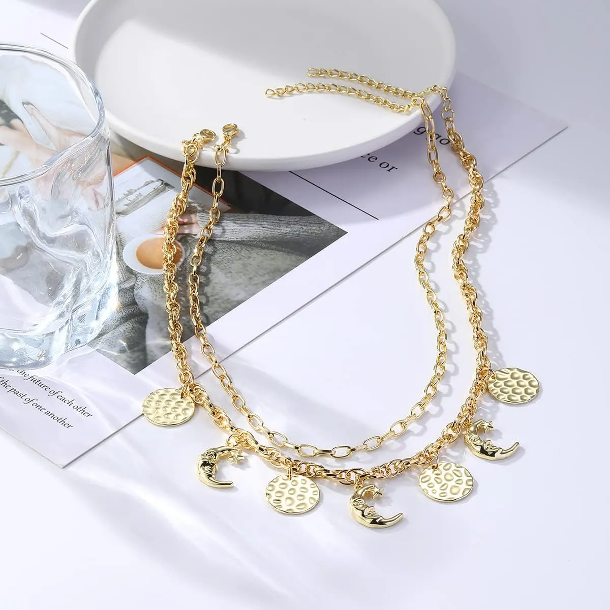 Gold Charm Necklace for Women 14k Gold Dainty Chunky Chain Evil Eye Moon Pearl Beads Shell Charm Necklace Summer Beach Seashell Jewelry for Women