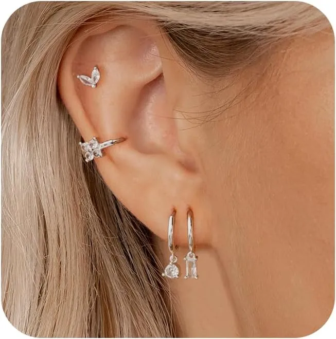 Gold Hoop Earrings for Women Trendy, Dainty Gold Stud Earrings 14K Gold Plated CZ Huggie Hoop Earrings Set Small Dangle Earrings Cute Cartilage Earring Sets for Multiple Piercing Jewelry Gifts