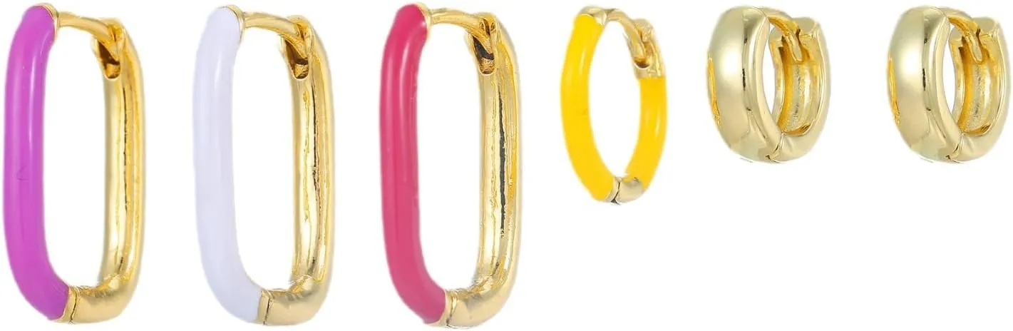 Gold Plated Huggie Hoop Earrings Set, Colorful Enamel U-Shaped Ear Cuffs, 6 Pieces Earring Jewelry Set for Women Valentine's Gift