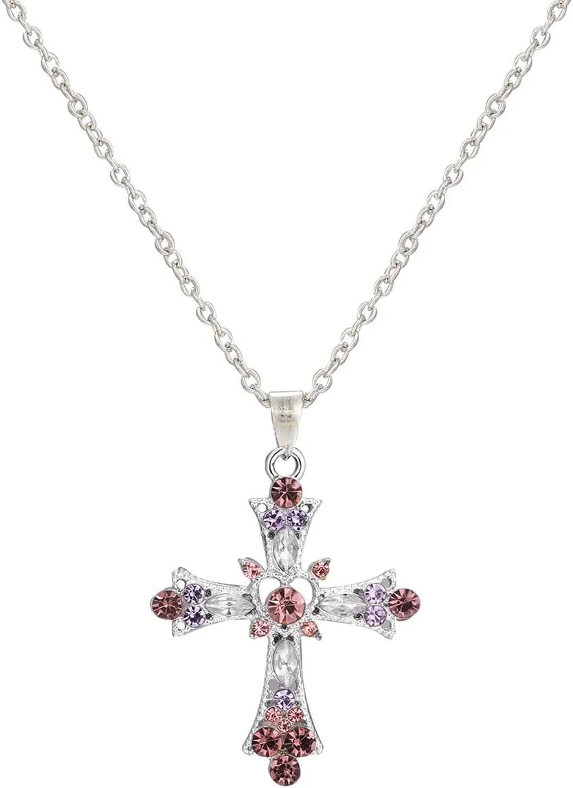 Gothic Cross Necklace for Women Pink Green Crystal Cross Pendant Necklace Punk Y2k Style Cross Necklace Sweet Edgy Jewelry