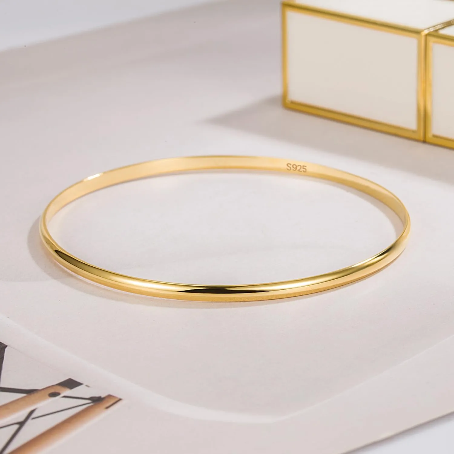 H&Beautimer Solid 925 Sterling Silver Bangle Bracelet 0.08'' Twisted/Glossy Bracelet for Women Girls 24K Gold/Rose Gold Round Bangle 1/2/3 Loop Party Jewelry Thanksgiving Gift