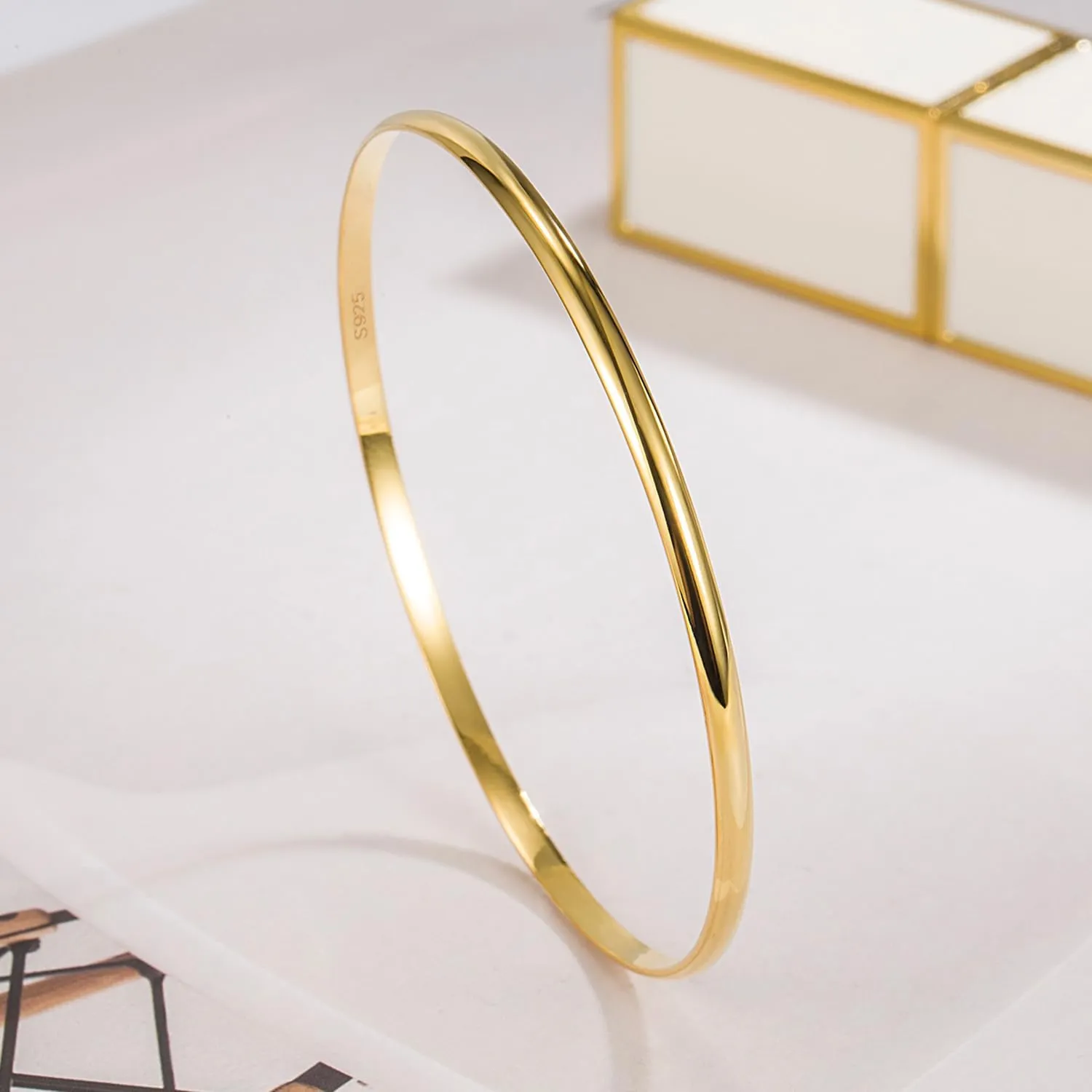H&Beautimer Solid 925 Sterling Silver Bangle Bracelet 0.08'' Twisted/Glossy Bracelet for Women Girls 24K Gold/Rose Gold Round Bangle 1/2/3 Loop Party Jewelry Thanksgiving Gift