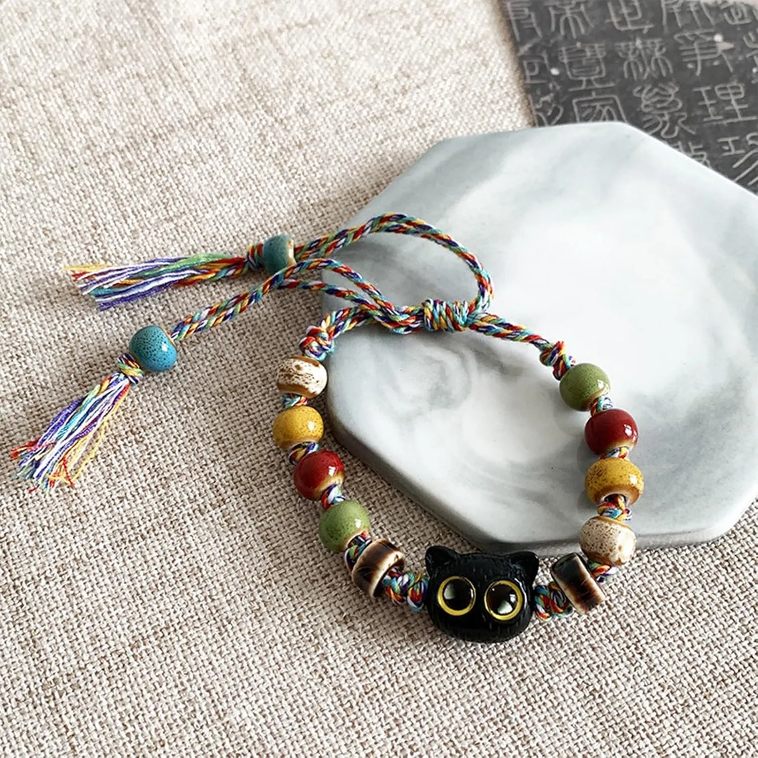Handmade Cute Cat Bracelet, Adjustable Cartoon Black Cat Beaded Bracelet, Ceramic Braided Beaded Bracelets Friendship Jewelry for Women