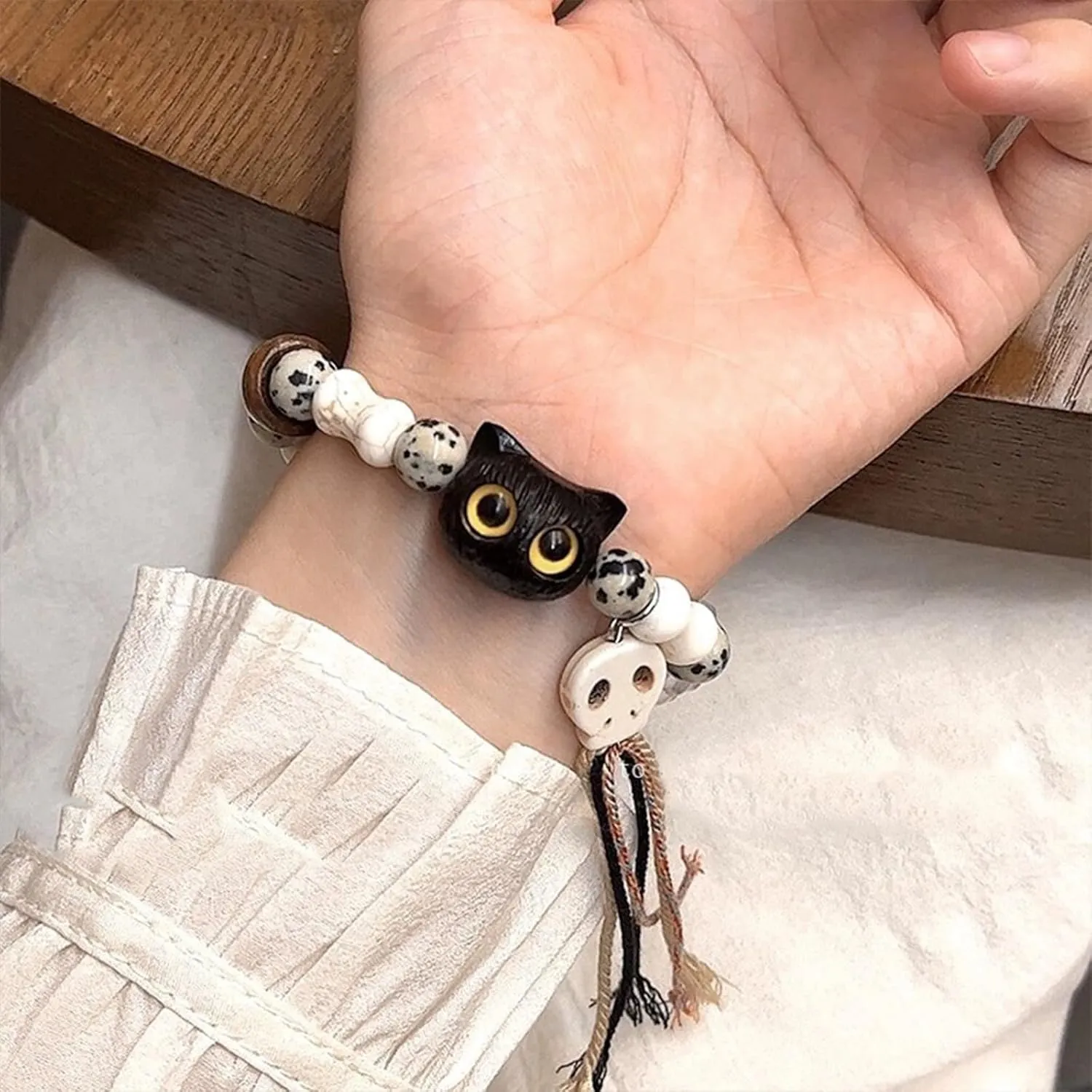 Handmade Cute Cat Bracelet, Adjustable Cartoon Black Cat Beaded Bracelet, Ceramic Braided Beaded Bracelets Friendship Jewelry for Women