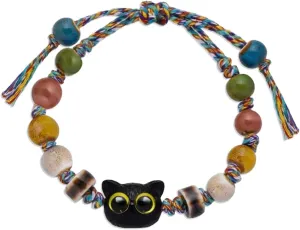Handmade Cute Cat Bracelet, Adjustable Cartoon Black Cat Beaded Bracelet, Ceramic Braided Beaded Bracelets Friendship Jewelry for Women