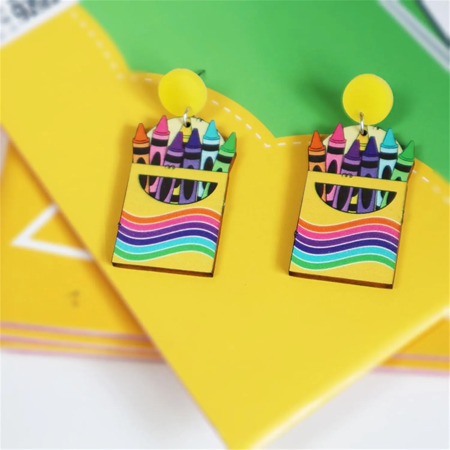 Handmade Wooden Pencil Drop Earring Lightweight Apple Rainbow Pencil Dinosaur Book Wood Earrings Funny Caterpillar Teacher Student Dangle Earrings for Women Back to School Gift