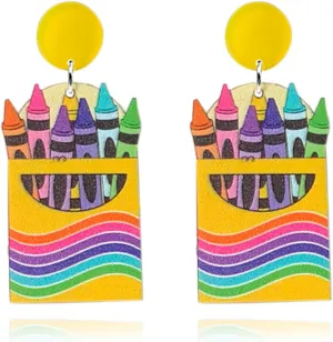 Handmade Wooden Pencil Drop Earring Lightweight Apple Rainbow Pencil Dinosaur Book Wood Earrings Funny Caterpillar Teacher Student Dangle Earrings for Women Back to School Gift